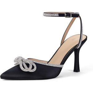 VETASTE Women's Double Bow Pointed Toe Ankle Strap Crystal Pumps